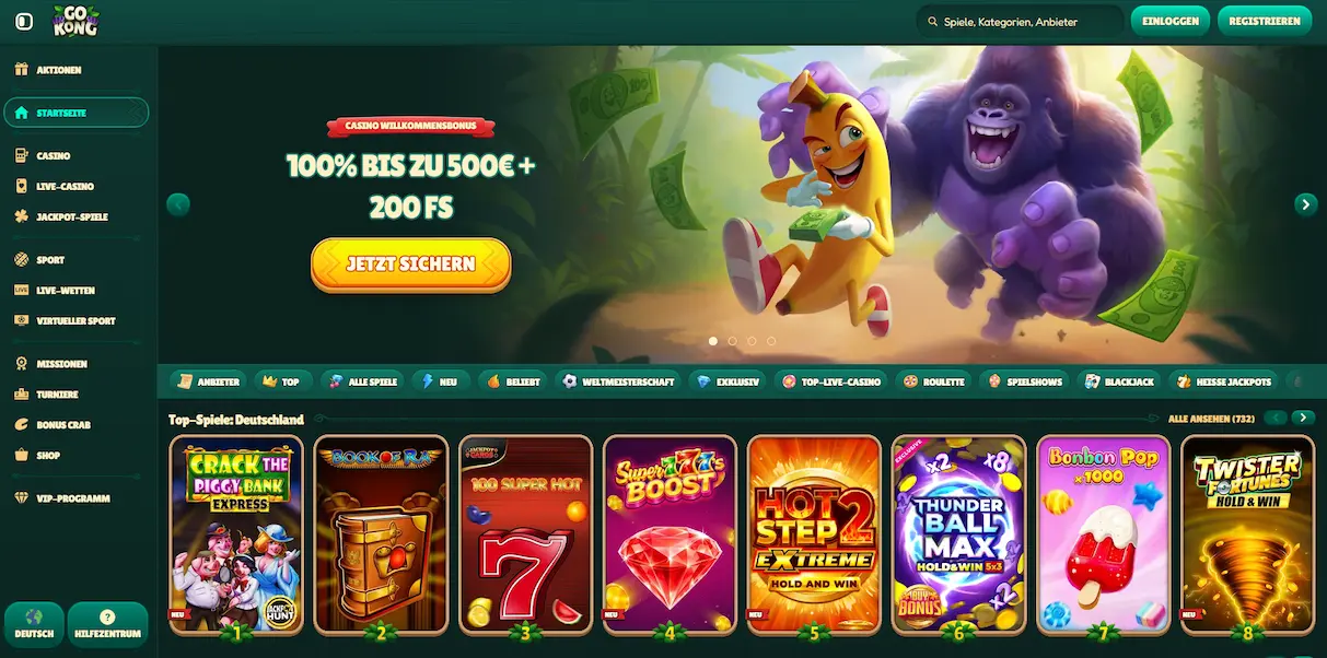 Spielkatalog-Übersicht im GoKong Casino mit Kategoriefiltern