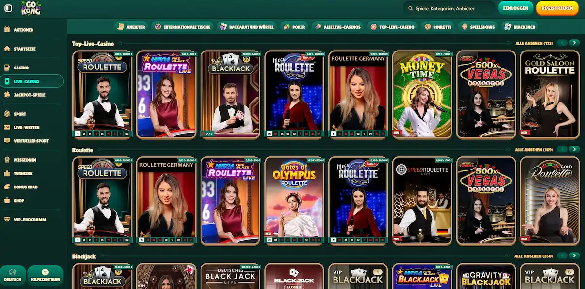 Live-Casino-Lobby von GoKong mit Dealer-Tischen in HD