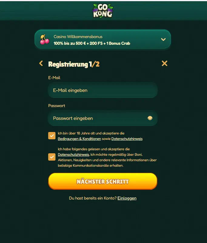 Registrierungsformular für ein neues GoKong-Konto
