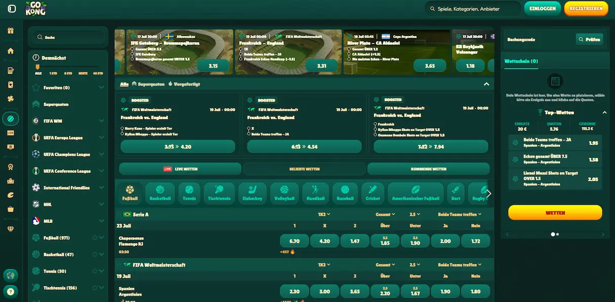 Sportwetten-Übersicht mit Live-Quoten bei GoKong